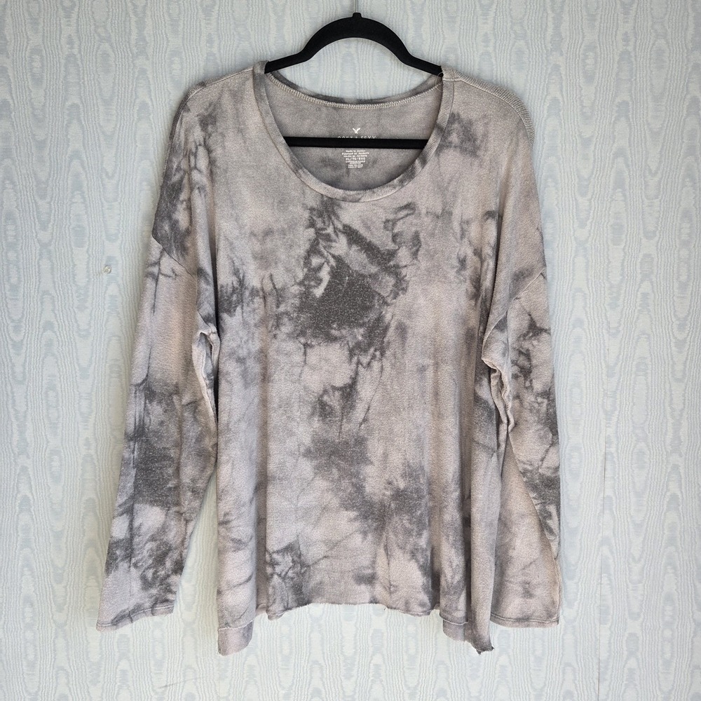 AE Soft & Sexy Womens XL Plush Top Tie Dye Gray Raw Hem Boho Grunge‎ Cozy Soft